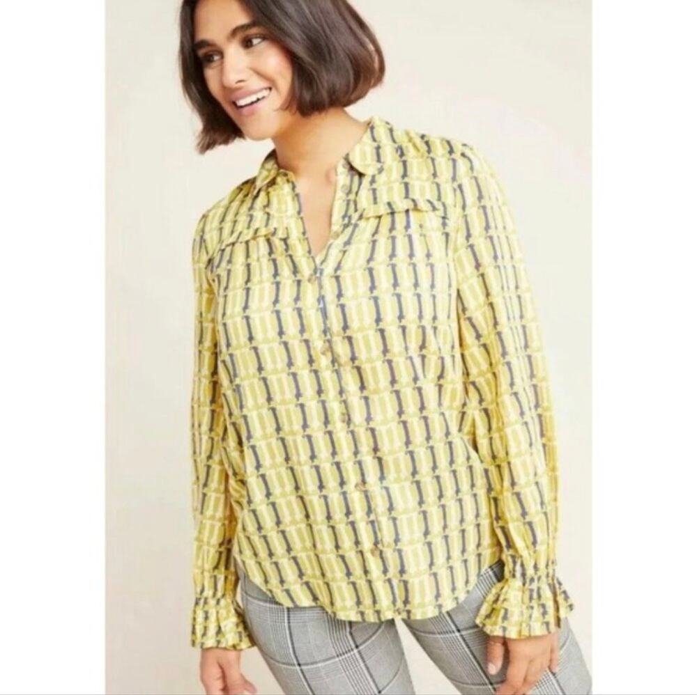 Anthropologie Maeve Top Womens 0 Yellow Blue Fredericka Dachshund Print Ruffle